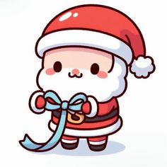 a cartoon santa claus holding a blue ribbon and wearing a red hat with his hands