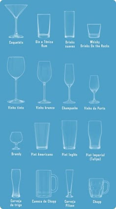 an image of different types of glasses and their names on a blue background with the words,