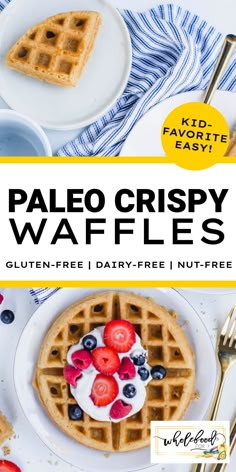 paleo crispy waffles with berries and whipped cream on top