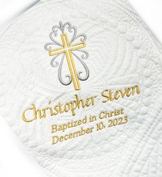 "A special keepsake baptism blanket. Personalized for you and beautifully embroidered with the special child's name, baptism date, and cross. Cotton quilt features all-over quilted medallion design and scalloped edge. Suitable as a gift for the new baby, as baptism or christening gift, dedication ceremony, adoption ceremony and more! Fully personalized for you with the embroidered designs of your choice. Add baby's name and birth stats with the monogram style of your choice. What a special keeps