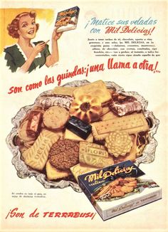 an old advertisement for cookies and biscuits with a woman holding a book in the background