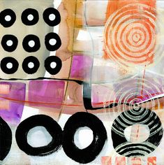 an abstract painting with circles and dots on it's surface, including the word boo written in black