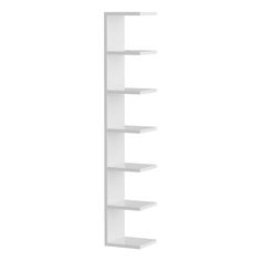 a white book shelf with five shelves on each side and one in the middle, against a white background