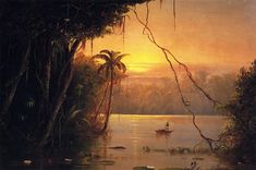 a painting of a man in a boat on a river