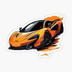 an orange and black sports car sticker on a white background with watercolor splashes