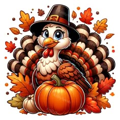 a turkey wearing a pilgrim hat and holding a pumpkin