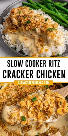 Close up of ritz cracker chicken over a crockpot and on a grey plate over rice. Chicken Casserole With Ritz Crackers, Casserole With Ritz Crackers, Slow Cooker Chicken Casserole, Ritz Cracker Chicken, Cracker Chicken, Chicken Slow Cooker, Ritz Cracker, Easy Crockpot Dinners, Tasty Chicken