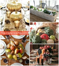 several pictures of different types of thanksgiving decorations and centerpieces, including apples, pears, gourds, pumpkins