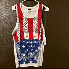 American Flag Bandana Print Tank Top, New With Tags, Size Medium Tropical Tank Top, American Flag Bandana, American Flag Shirt, Floral Tank Top, Bandana Print, Print Tank, Printed Tank Tops, White Style, Mens Shirt Dress