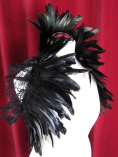 Feather Lace Stole Wrap Shrug Capelet Collar Gothic Burlesque Bohemian Wrap Shrug, Raven Costume, Gothic Burlesque, Feather Wrap, Black Iridescent, Rooster Feathers, Satin Ribbons, Neck Piece, Masquerade Ball