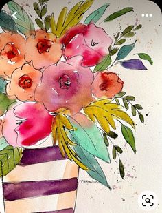 a watercolor painting of flowers in a striped vase