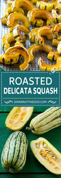 roasted delicata squash on a wooden table with text overlay that reads roasted delicata squash