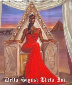 a painting of a woman in a red dress sitting on a chair with the words delta sign