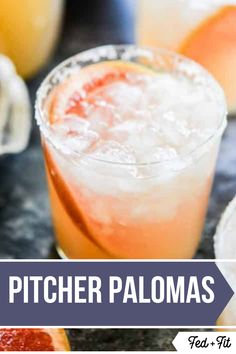 the pitcher palomas cocktail is garnished with grapefruit