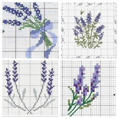 four cross stitch patterns with lavender flowers on them, all in blue and purple colors