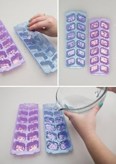 the process of making an ice tray with purple icing and pink glitters on it