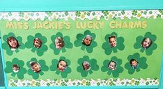 a green sign with pictures of children's faces on it that says miss jackie's lucky charms