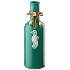 a green bottle with a seahorse on the front and a rope around the neck