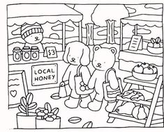 a black and white drawing of two teddy bears at a local honey shop with the words local honey written on it