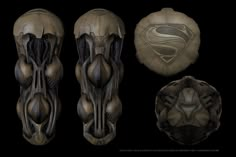 three different views of the muscles and their attachments, each with a superman symbol on it