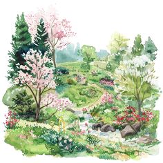 a watercolor painting of a garden with flowers and trees