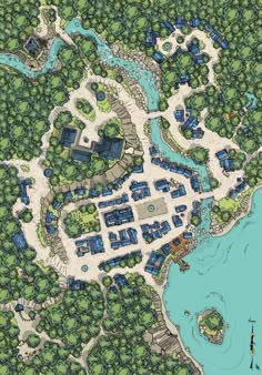 an aerial view of a resort surrounded by trees and water, with the text postcard in