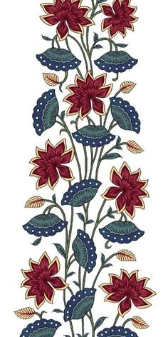 an embroidered design with red flowers and blue leaves on the side of a white background