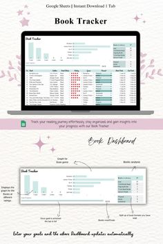 a computer screen with the words book tracker and an image of a laptop on it