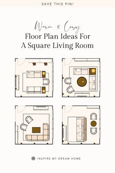 the floor plan for a square living room is shown in three different sections, including one with