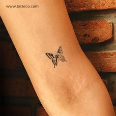 a woman's arm with a small tattoo of a butterfly on the left side