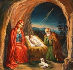 an image of the birth of jesus with two women and a baby in a manger