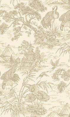 an image of a wallpaper with birds and flowers on it's side, in beige