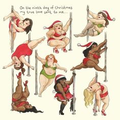 some very cute women on pole with santa hats and christmas decorations in their underwears