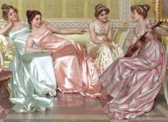 three women in dresses sitting on a couch with one playing the ukulele guitar