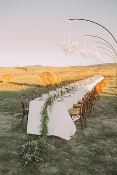 a long table is set up in the middle of a field