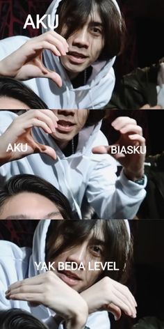 three different pictures of people with their hands on their faces and the words aku, bleask, yak beda level