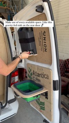 Van Conversion 101: Efficient use of space. This is even more important in a small van like ours, as luxuries like a kitchen sink can be hard to justify when you have so much other stuff to fit inside. This gravity-fed sink setup is part of or camping kitchen setup at the back of the van. We still have a few things to add, like a backsplash and a short piece of hose to direct the water flow. But we were pretty eager to test it out and we’re very happy it works just as we planned. The sink can b Small Camper Vans, Astuces Camping-car, Kangoo Camper, Minivan Camper Conversion, Kombi Motorhome, Kitchen Setup, Camper Van Life, Van Storage, Suv Camping