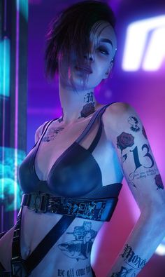 a woman with tattoos on her arm and chest standing in front of a neon background