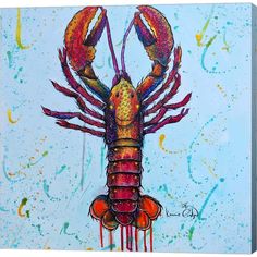 a painting of a lobster on a blue background