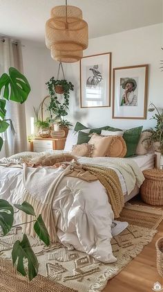 a bedroom with lots of plants and pictures on the wall