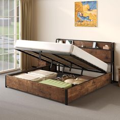 the bed frame is made from wood and has an adjustable pull out mechanism for storage