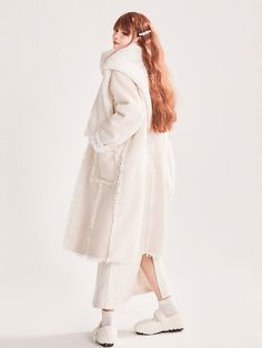 The price is for a coat only, others are not included. Garment Size SizeSMLFull Length98.5100101.5Hem Circumference118122126Bust108112116Sleeve Length545556 Winter White Long Outerwear, Winter White Long Outerwear For Winter, Long Winter White Outerwear, Oversized Long Outerwear In Winter White, Winter White Long Pea Coat, Winter White Long Outerwear For Spring, Oversized Beige Fur Coat, Chic Long White Outerwear, Winter White Long-sleeved Wool Coat For Fall