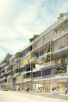 an artist's rendering of a building with balconies and trees on the top floor