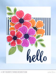 a close up of a card with flowers on it and the word hello written in black