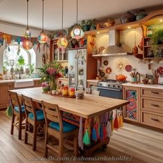 a kitchen filled with lots of wooden furniture and colorful lights hanging above the counter top