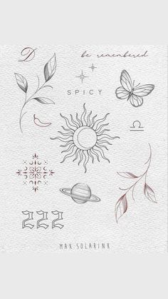 the sun, moon and other symbols are drawn on white paper with watercolor pencils