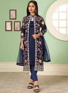 Blue Heavy Designer Floral Work Traditional/Festive Special Jacket Style Pant Suit is Ready to Look Gorgeous and Beautiful in the Crowd. Shop this In USA UK Canada Germany France Shop Latest Indian Clothes Collection. The Fabric of the Dress is Premium Georgette. The style is Jacket Style Suit. Work – Heavy Embroidered.  This dress is a Semi-Stitched dress but we have Customization Options also available For that, we’ve hired the best designers to Stitch your dress perfectly as per your mea... Georgette Jacket, Silk Wedding Gown, Celana Fashion, Georgette Material, Lehenga Suit, Gown Suit, Lehenga Gown, Jacket Suit, Pakistani Salwar Kameez