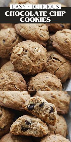 chocolate chip cookies stacked on top of each other with the words easy delicious chocolate chip cookies