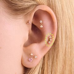 a close up of a person with some piercings on their ears and behind the ear