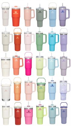 many different colored tumblers with handles and lids are shown in this image, all lined up against one another